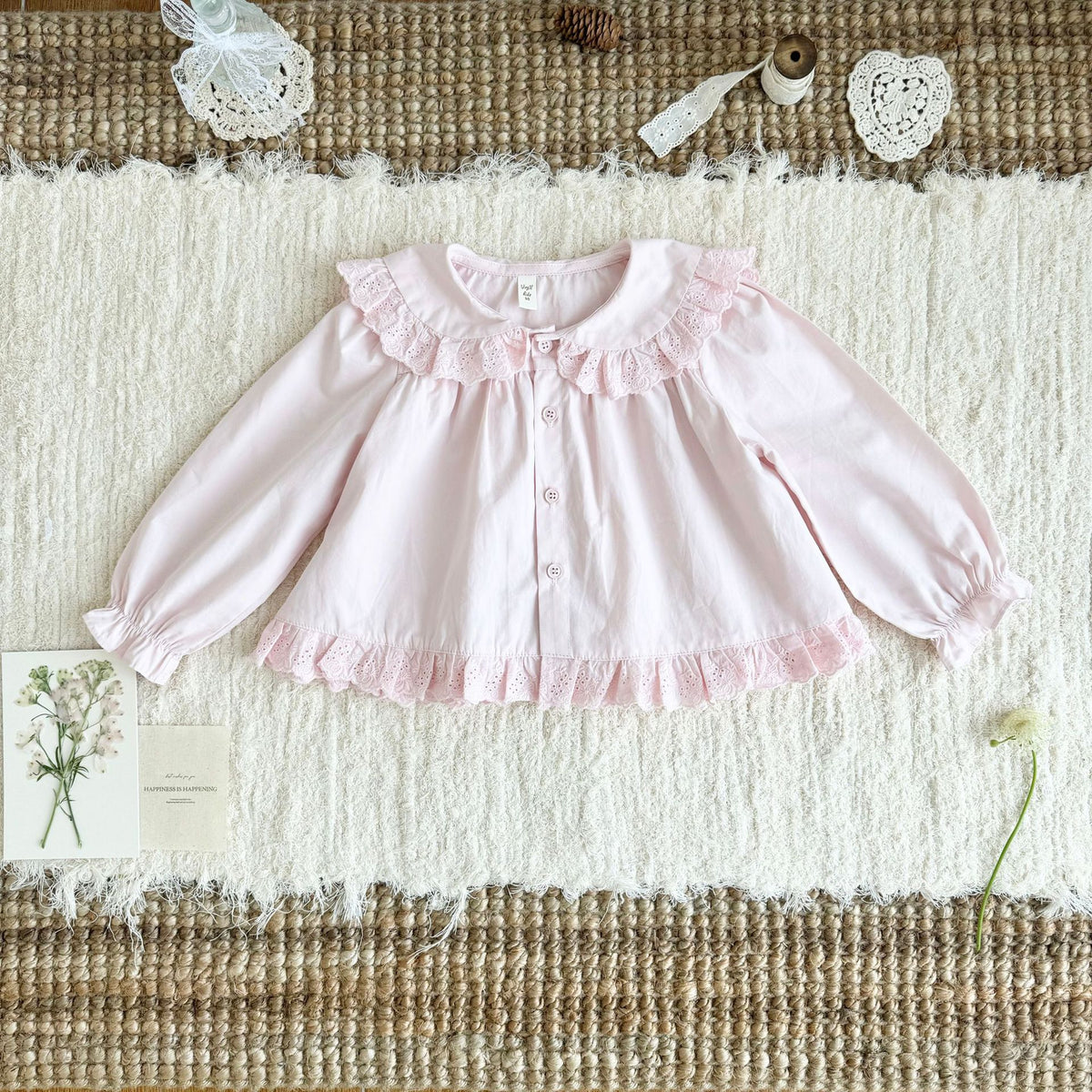 キッズ 刺繍 レース フリル 丸襟 長袖ブラウス【mh0014611】