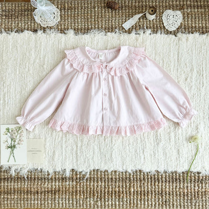 キッズ 刺繍 レース フリル 丸襟 長袖ブラウス【mh0014611】