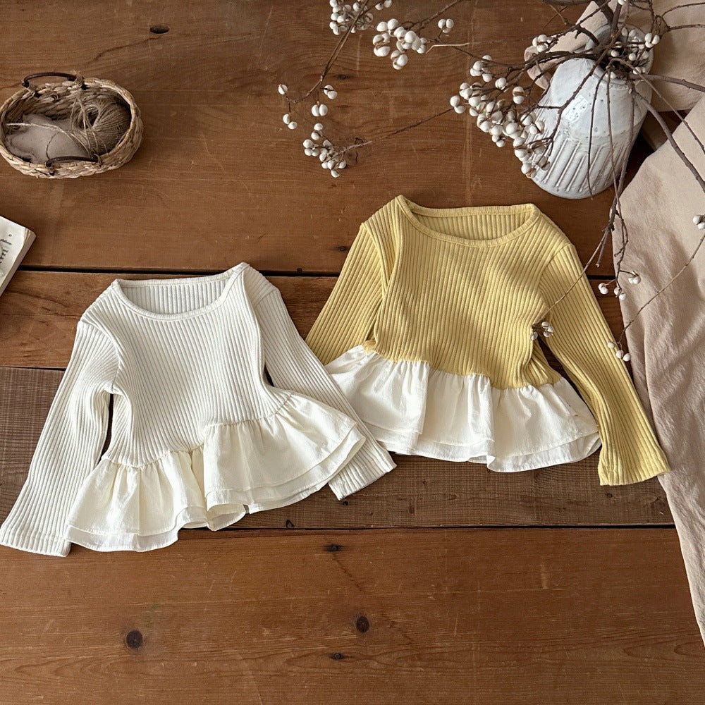 Camiseta de manga larga acanalada con volantes estilo peplum para bebés y niños 【mh0014484】