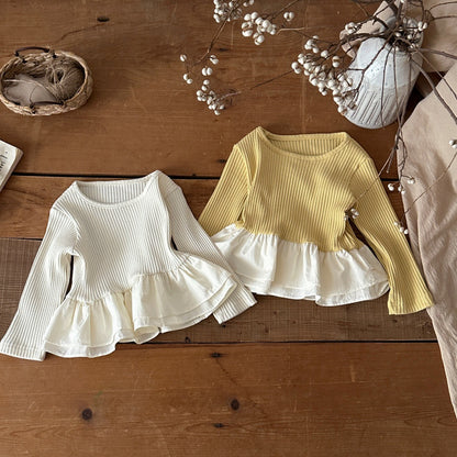 Camiseta de manga larga acanalada con volantes estilo peplum para bebés y niños 【mh0014484】