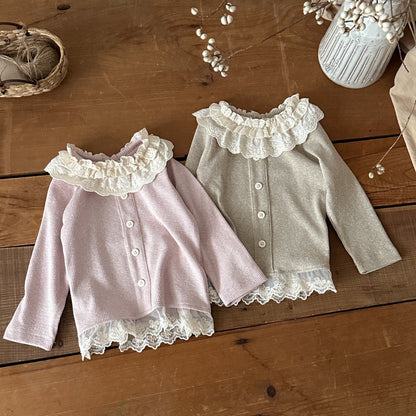 Camiseta de manga larga para bebés y niños, con cuello con volantes, bajo con volantes y botones frontales, tejido de canalé [mh0014486]