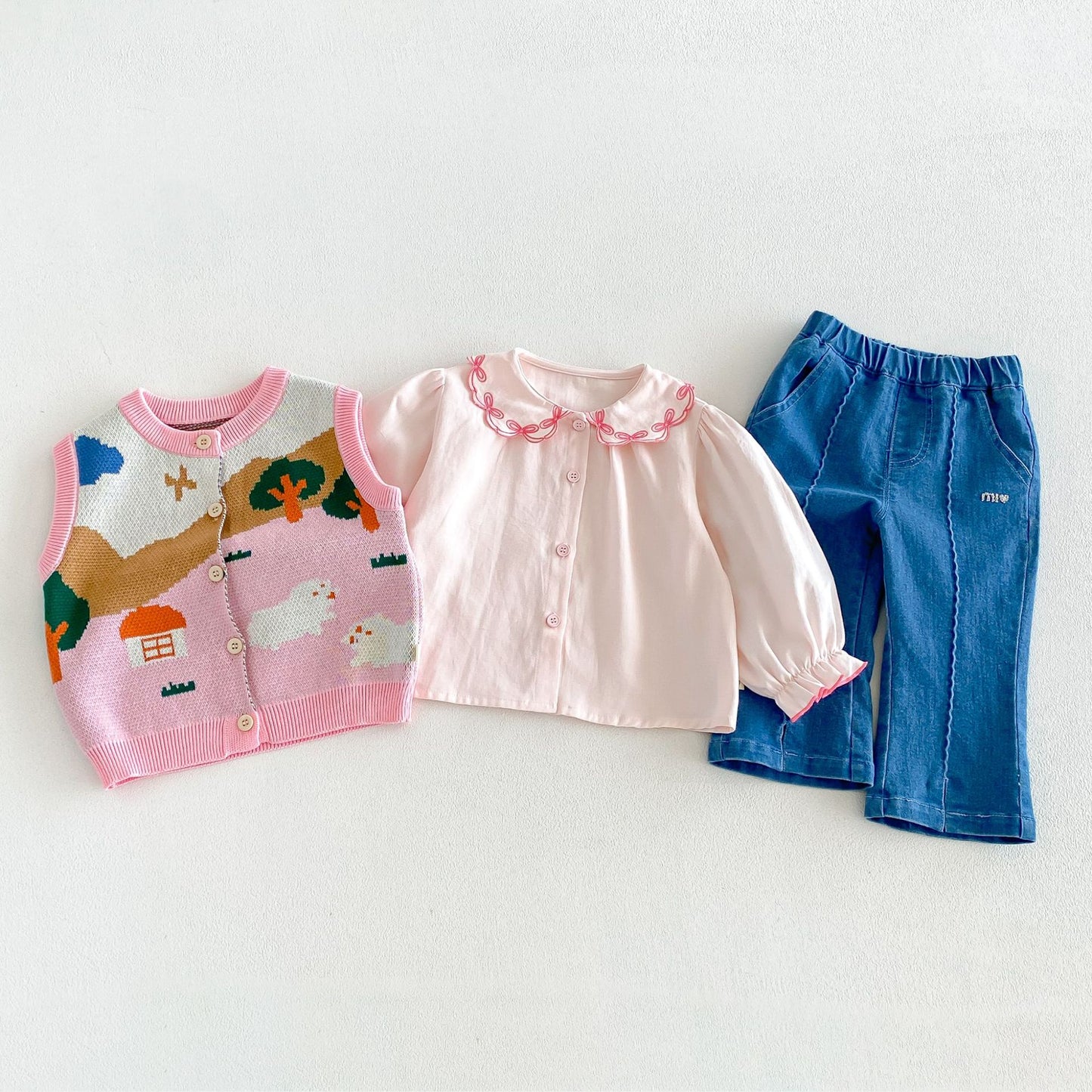 Chaleco de punto jacquard para niños, camisa de manga larga con volantes, pantalones vaqueros【mh0014038】
