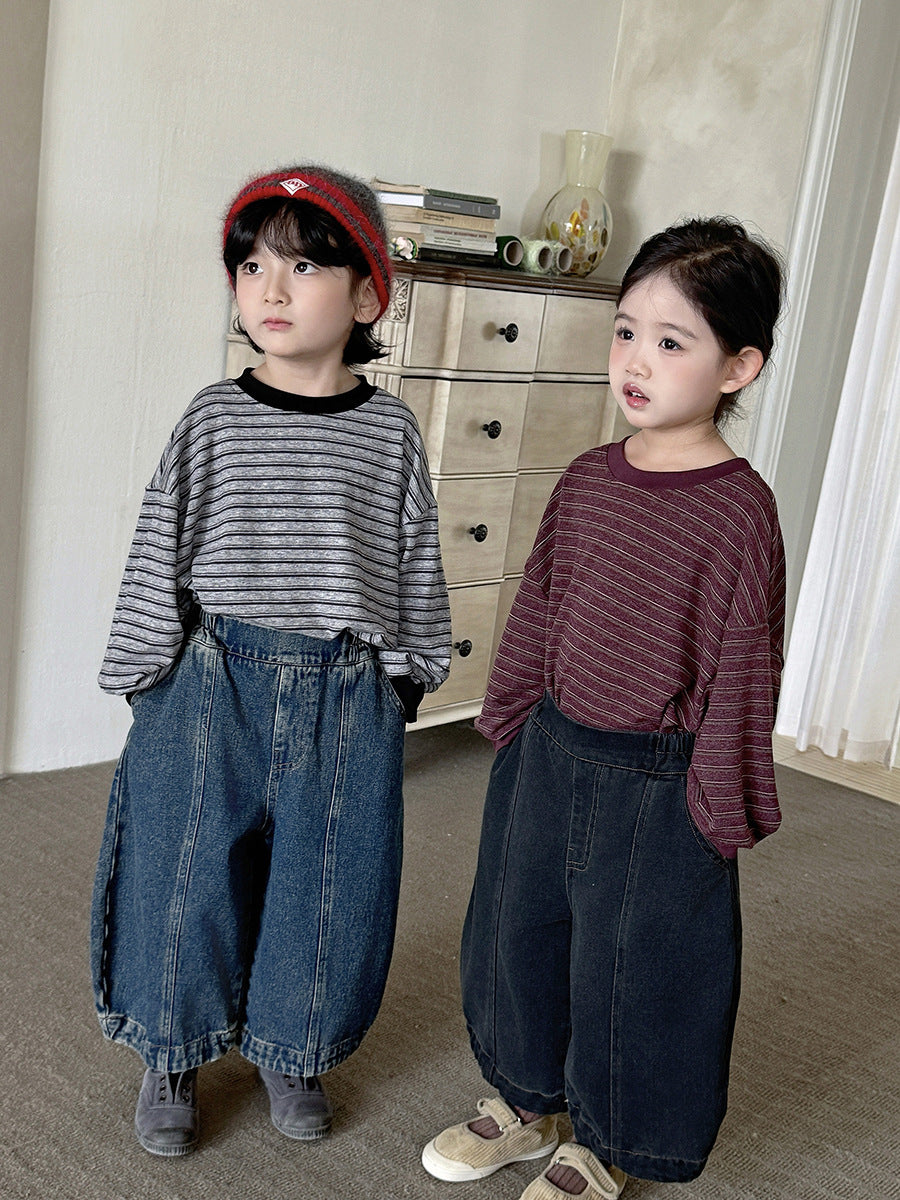 キッズ パッチワーク ウォッシュ ワイド ルーズ クロップド デニムパンツ【mh0014299】