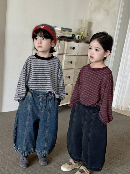 キッズ デニムパンツ（ブルー/ダーク）パッチワーク風 ウォッシュ加工、ワイドルーズシルエット
