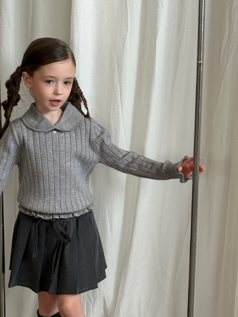 Kids' Ribbed Knit Round Neck Long-Sleeve Pullover with Frills