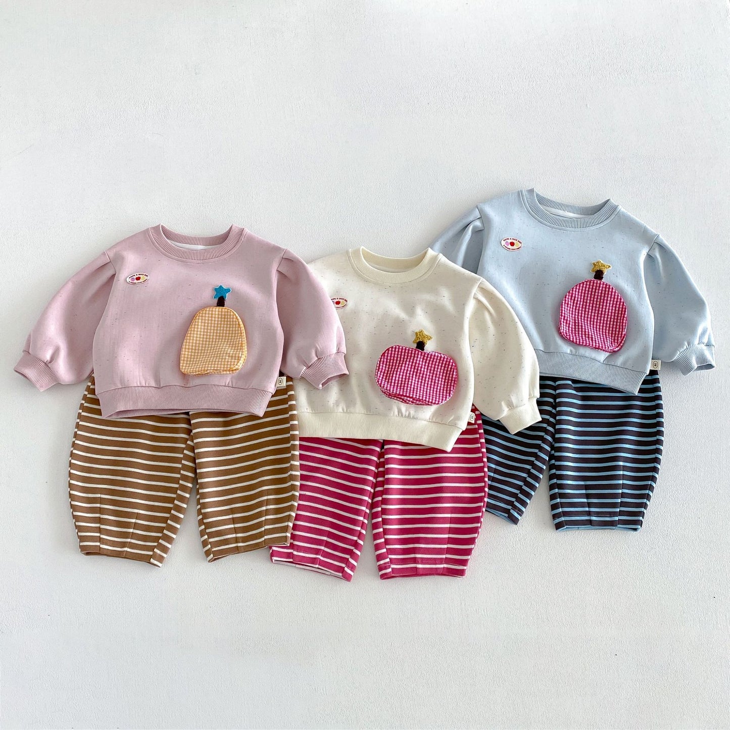 キッズ フルーツ ポケット パッチ 長袖スウェット ボーダー ロングパンツ【mh0014039】