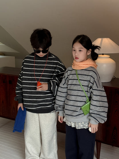 長袖スウェットシャツ キッズ ボーダー柄 裏起毛 厚手 クルーネック ルーズフィット【mh0011671】