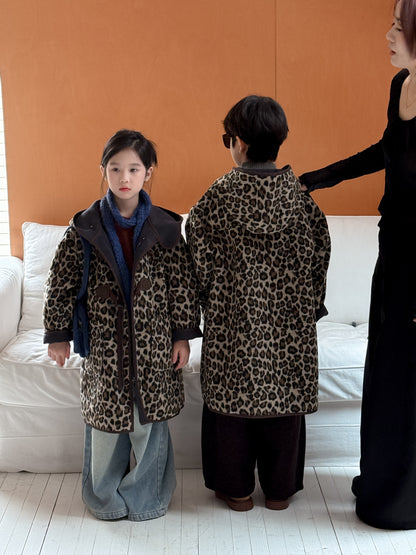 ダッフルコート キッズ レオパード柄 中綿 裏起毛 フード付 ロング丈【mh0011678】