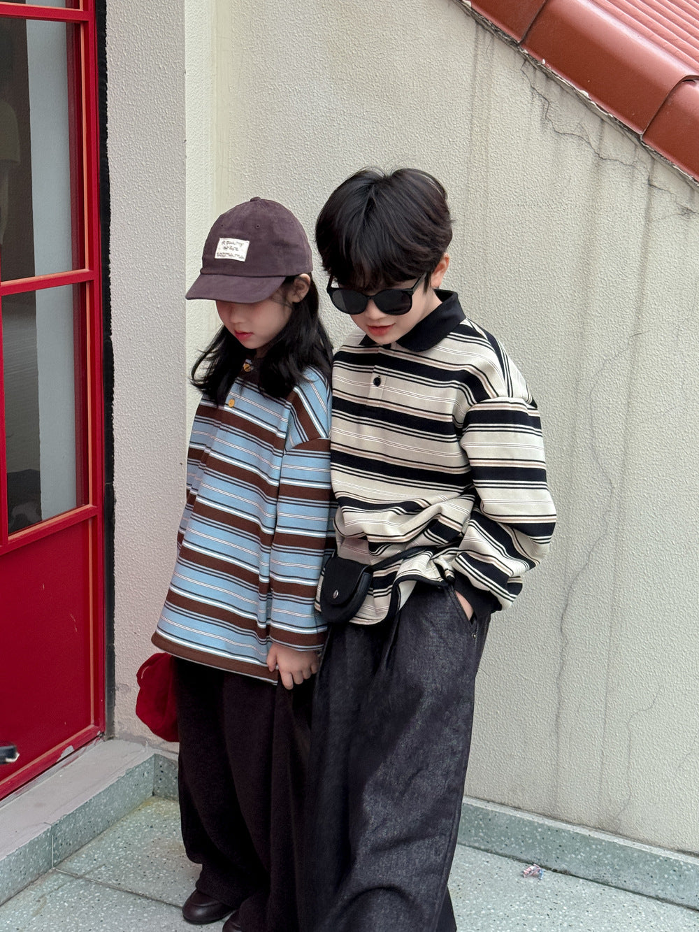 長袖ポロシャツ キッズ ボーダー柄 裏起毛 厚手 ゆったり カジュアル トップス【mh0011669】