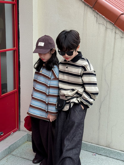 長袖ポロシャツ キッズ ボーダー柄 裏起毛 厚手 ゆったり カジュアル トップス【mh0011669】