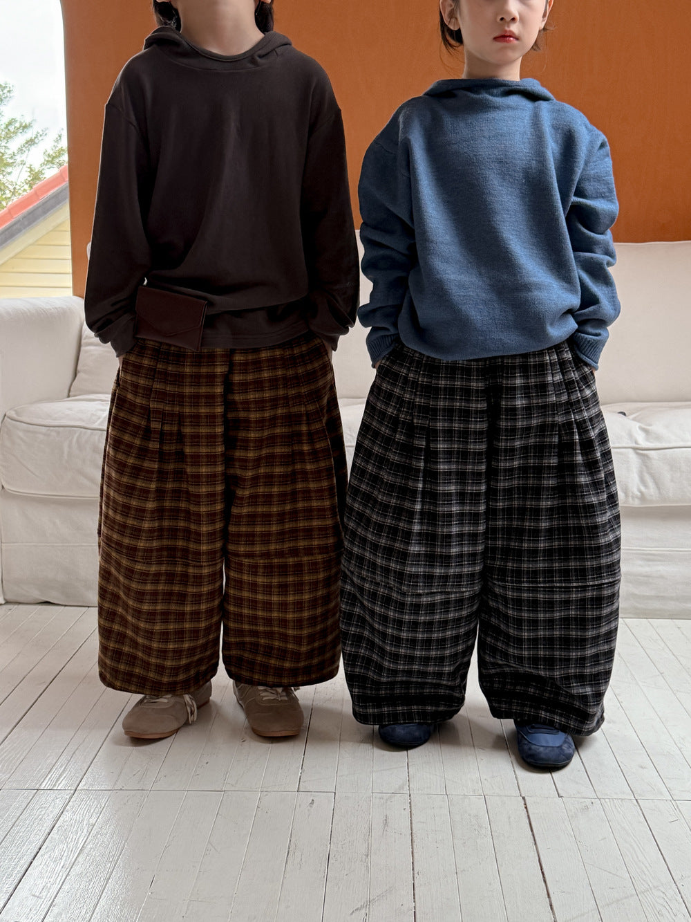 ワイドパンツ キッズ 裏起毛 厚手 チェック柄 ゆったり ルーズ ダッドパンツ【mh0011665】