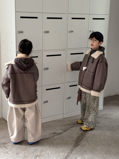 フェイクムートンジャケット キッズ ボア 厚手 ラペル フェイクレザー アウター【mh0011677】