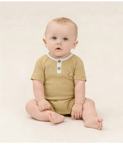 Henley Neckline Short Sleeve Modal Romper ワンポイント 刺繍 半袖ロンパース【mh0012781】