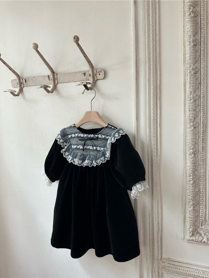 長袖ワンピース ベロア レースリボン パフスリーブ ドレス フォーマル【mh0011635】