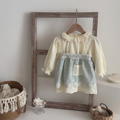 Vestido de manga larga para bebé y niña con cuello con volantes, jacquard, estampado de cuadros vichy y vestido tipo camisola con encaje 【mh0014482】