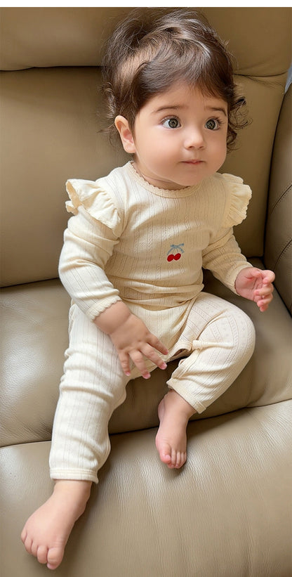 長袖ロンパース コットン フリル 刺繍 リブ カバーオール【mh0011699】