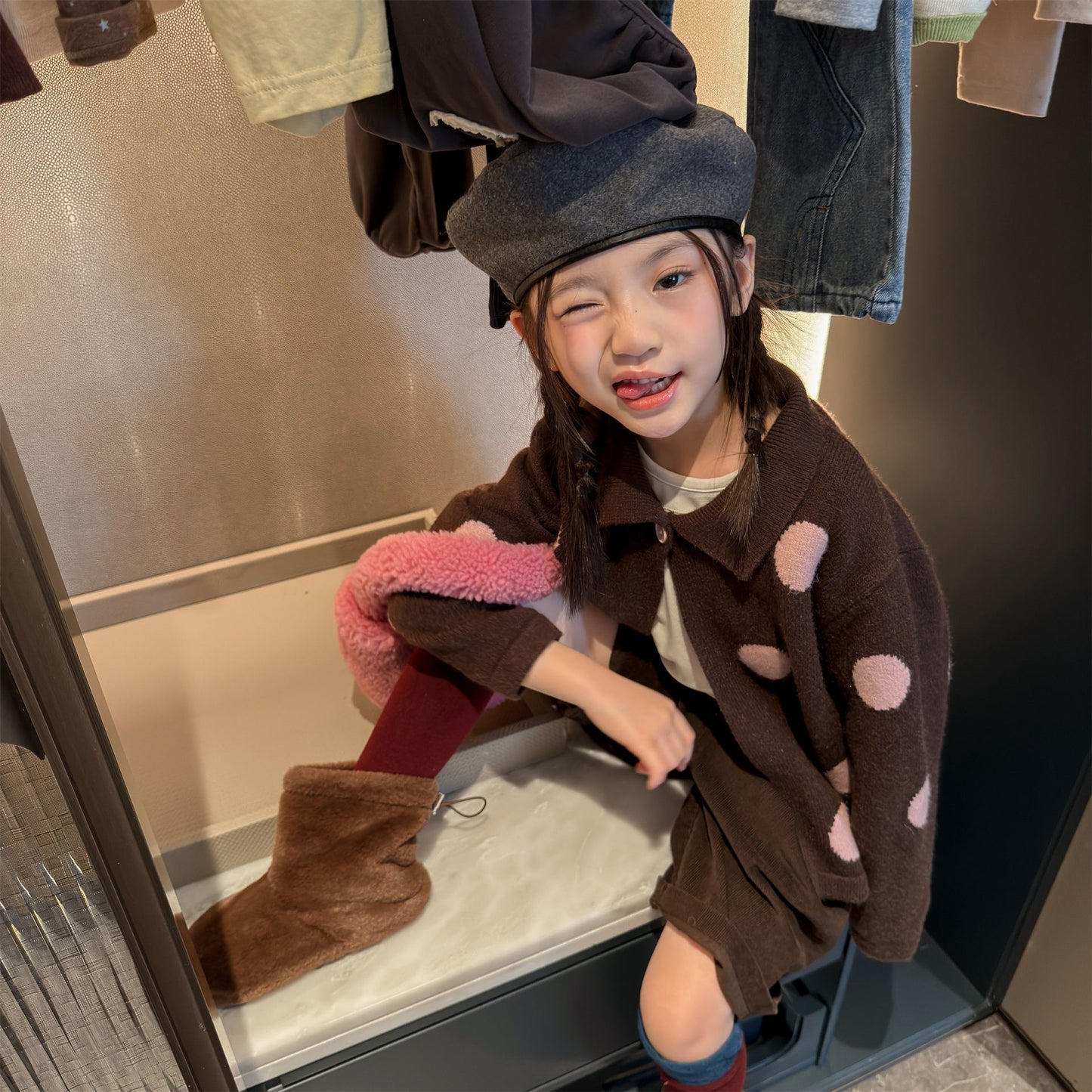 Kids' Polka Dot Collared Button-Up Long-Sleeve Knit Cardigan [mh0014056]