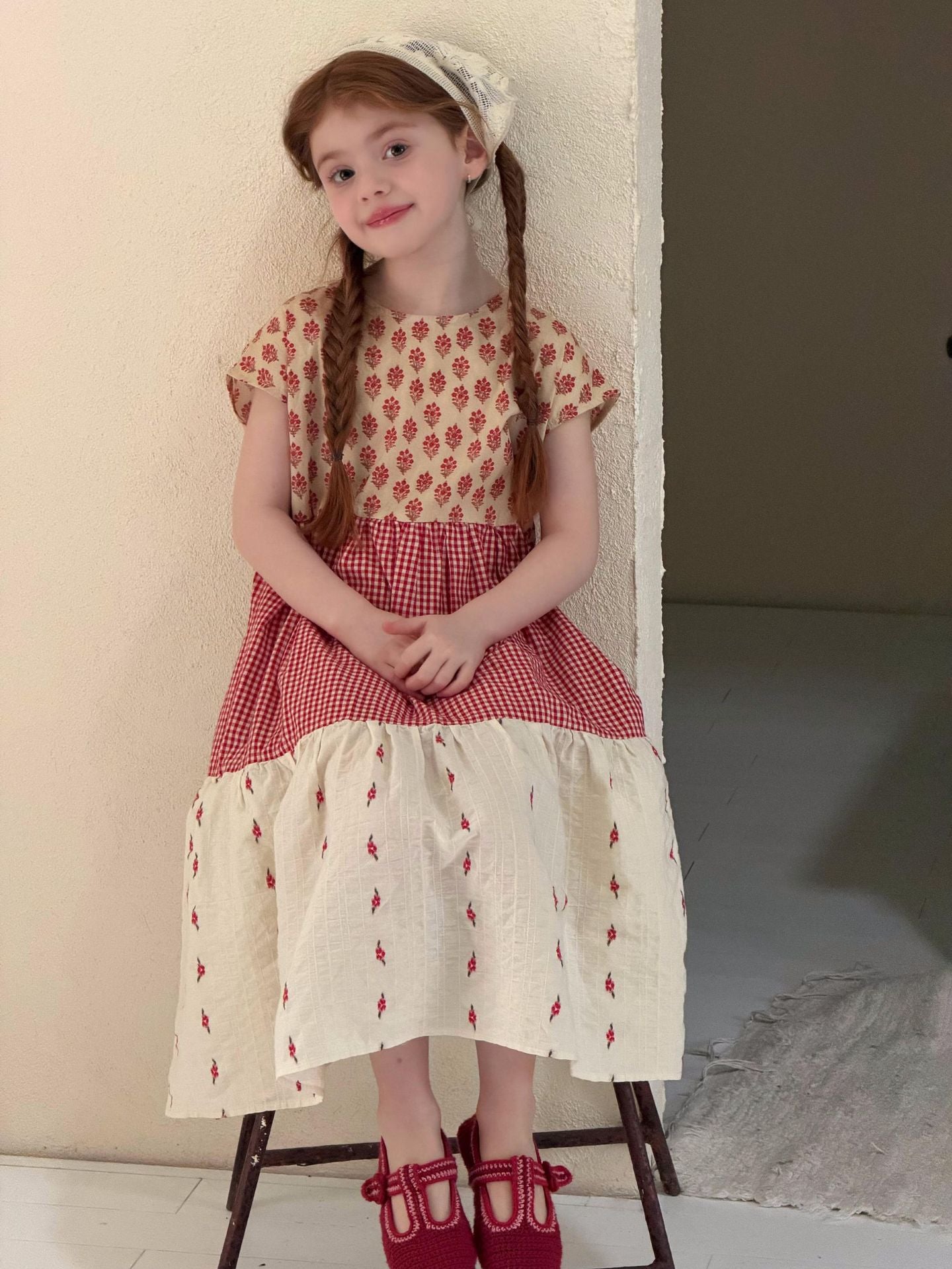 Gingham Floral Tiered Dress 花柄 ギンガム 半袖ワンピース【mh0012873】
