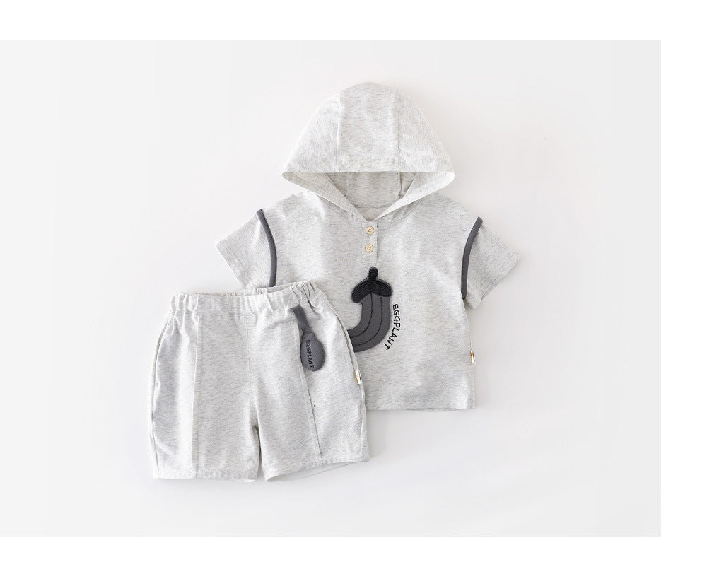 Cartoon Hooded Set Eggplant Print Short Sleeve Setup [mh0012852]