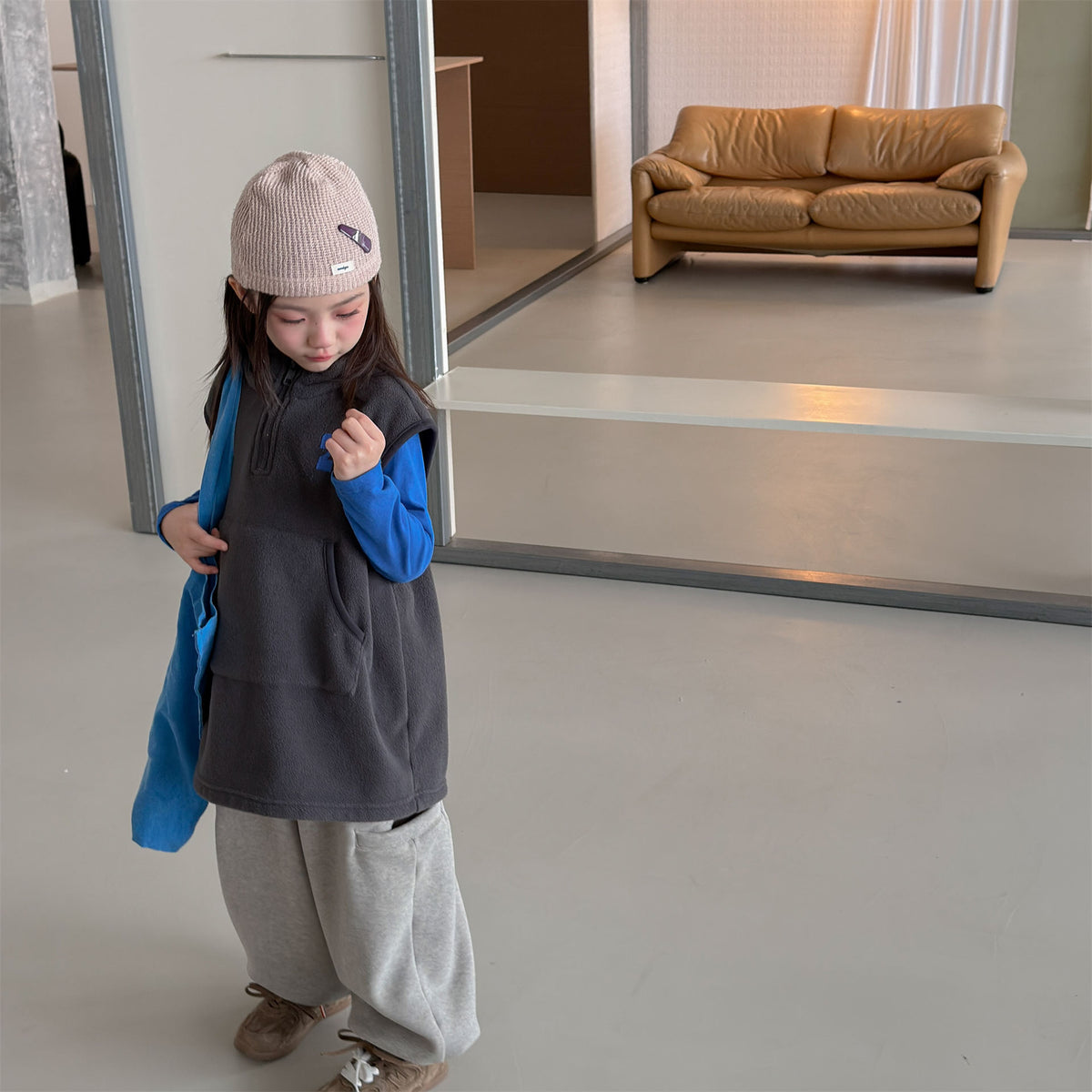 Kids' Embroidered Number Stand-Collar Half-Zip Fleece Long Vest【mh0014559】