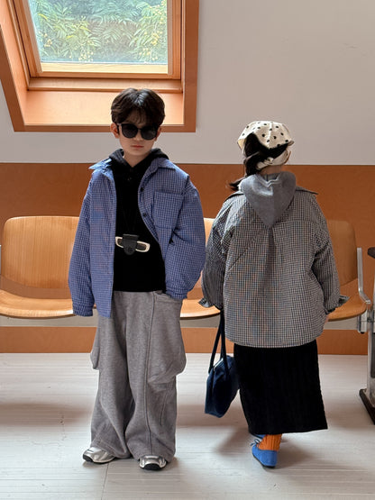 シャツジャケット キッズ チェック柄 中綿 厚手 ルーズフィット カジュアル アウター【mh0011673】