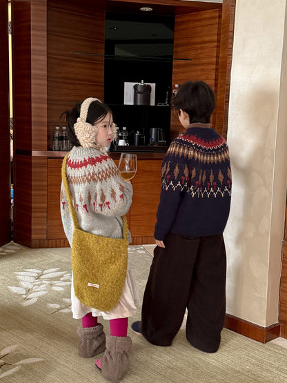 ニットセーター キッズ 求心柄 厚手 クルーネック ルーズフィット カジュアル【mh0011684】