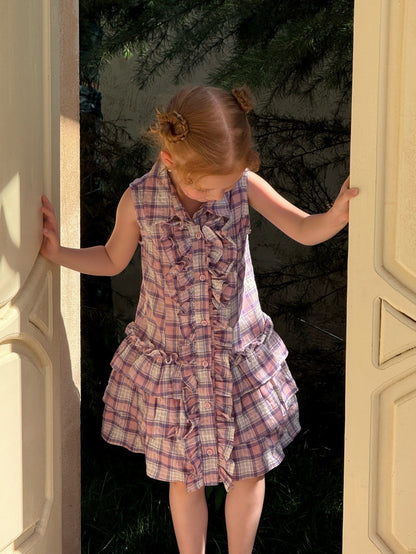 Sleeveless Plaid Patchwork Ruffled Dress チェック ノースリーブワンピース【mh0013265】