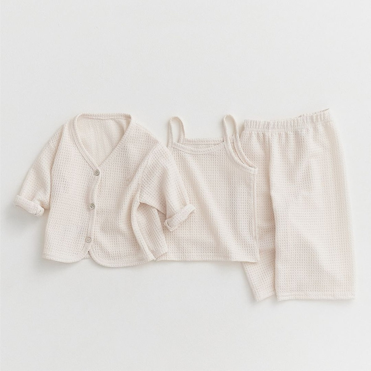 Baby Waffle Openwork Cardigan, Camisole & Long Pants - 3 Piece Set【mh0009038】