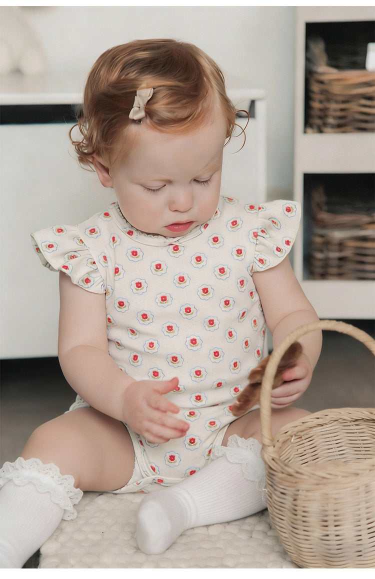 Frill Sleeve Cotton Romper フラワー チェリー フリル袖ロンパース【mh0012780】