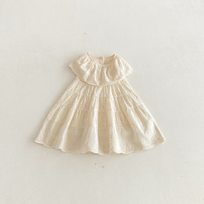 Eyelet Embroidered Ruffle Tiered Dress ベージュ レースカラー ティアード ワンピース【mh0012725】