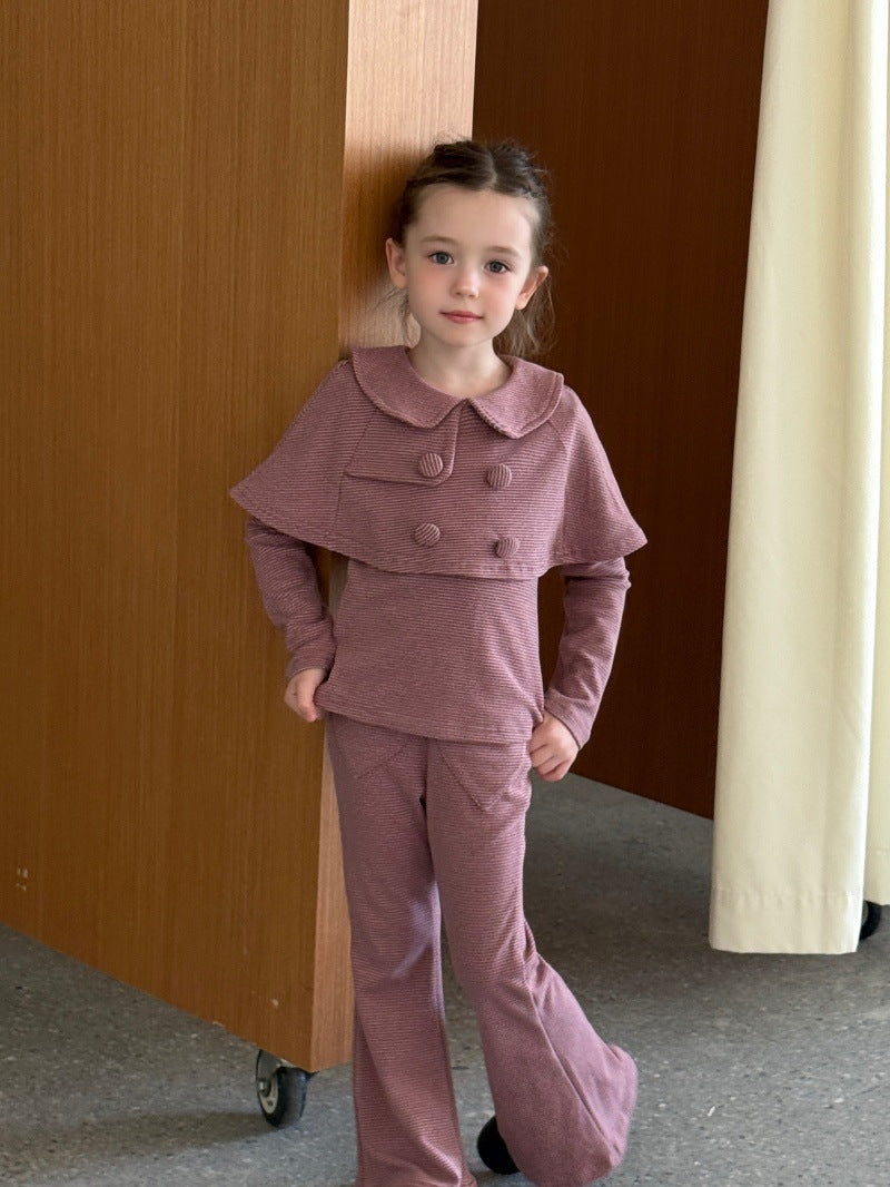 CHENG. L 26 Autumn/Winter Korean Style Girls' Collared Shawl Long Sleeve T-Shirt Heart Stretch Flared Pants Set【mh0014101】