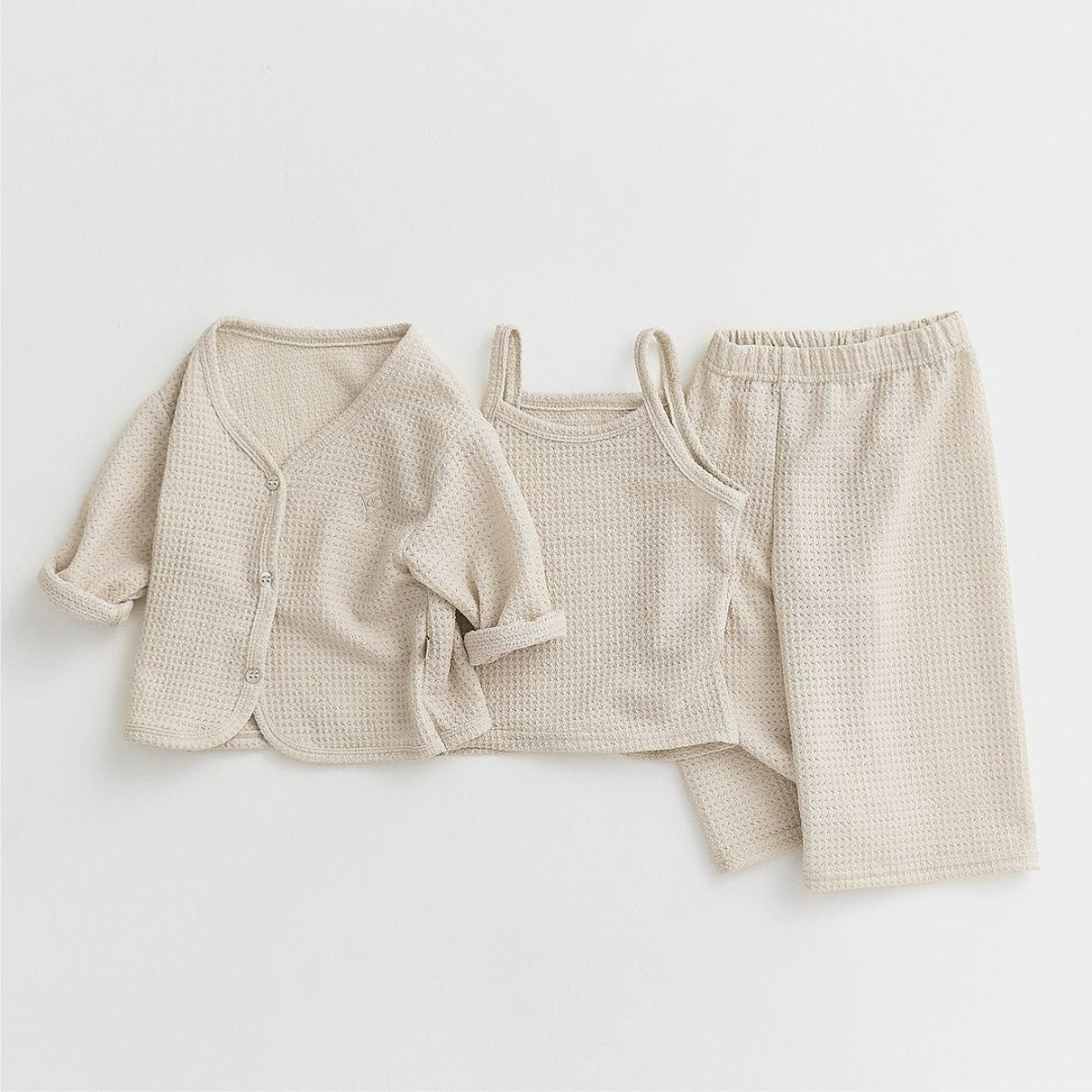 Baby Waffle Openwork Cardigan, Camisole & Long Pants - 3 Piece Set【mh0009038】