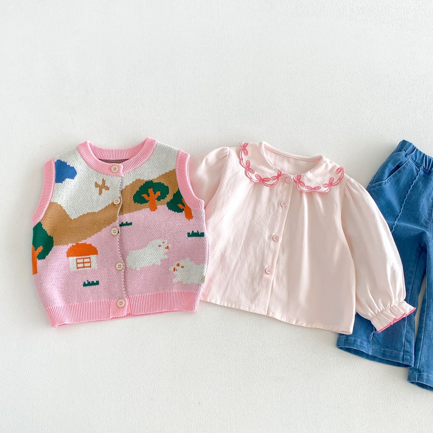 Chaleco de punto jacquard para niños, camisa de manga larga con volantes, pantalones vaqueros【mh0014038】