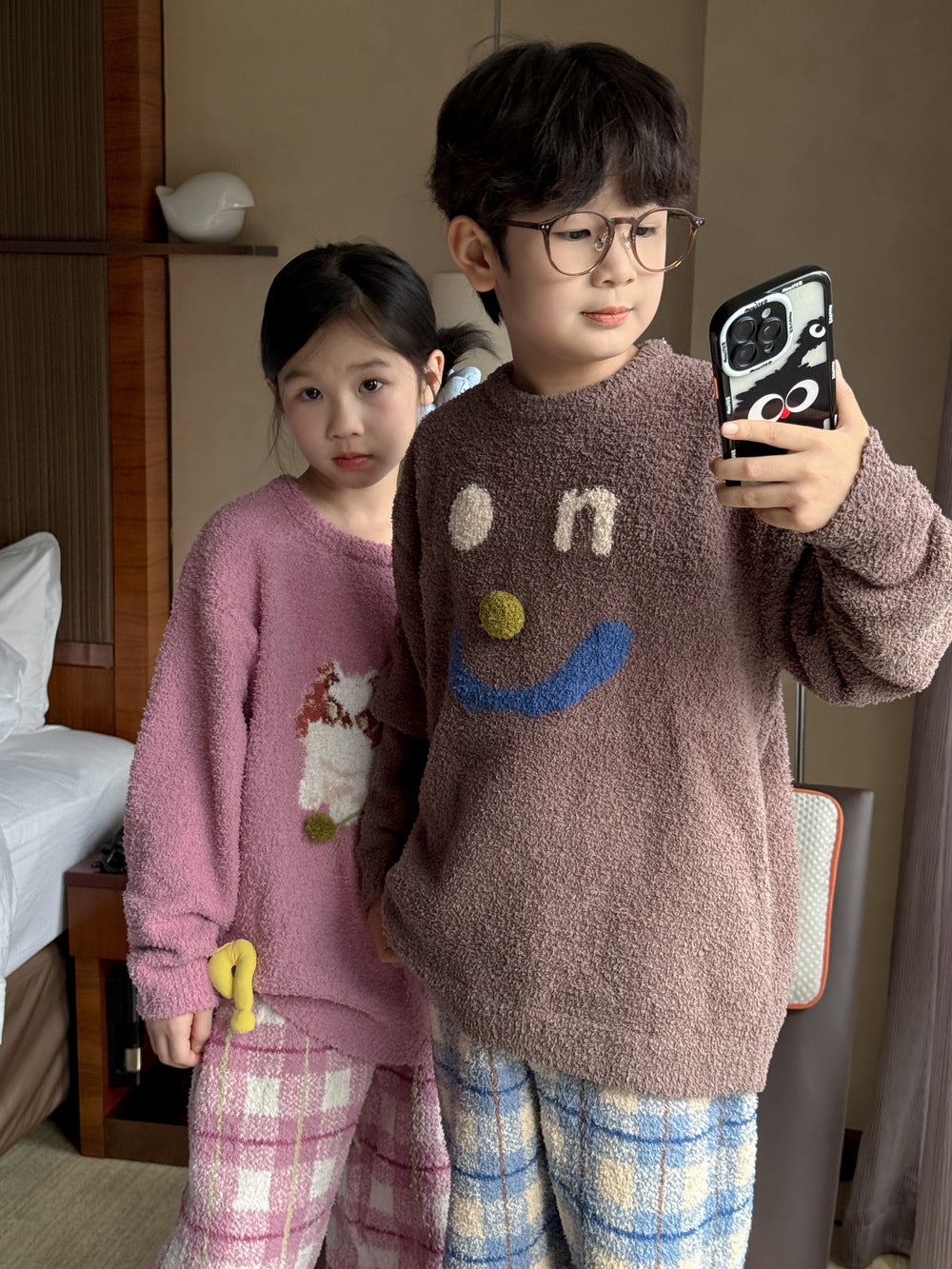 パジャマ キッズ モコモコ 裏起毛 厚手 セットアップ チェック柄 ルームウェア【mh0011660】