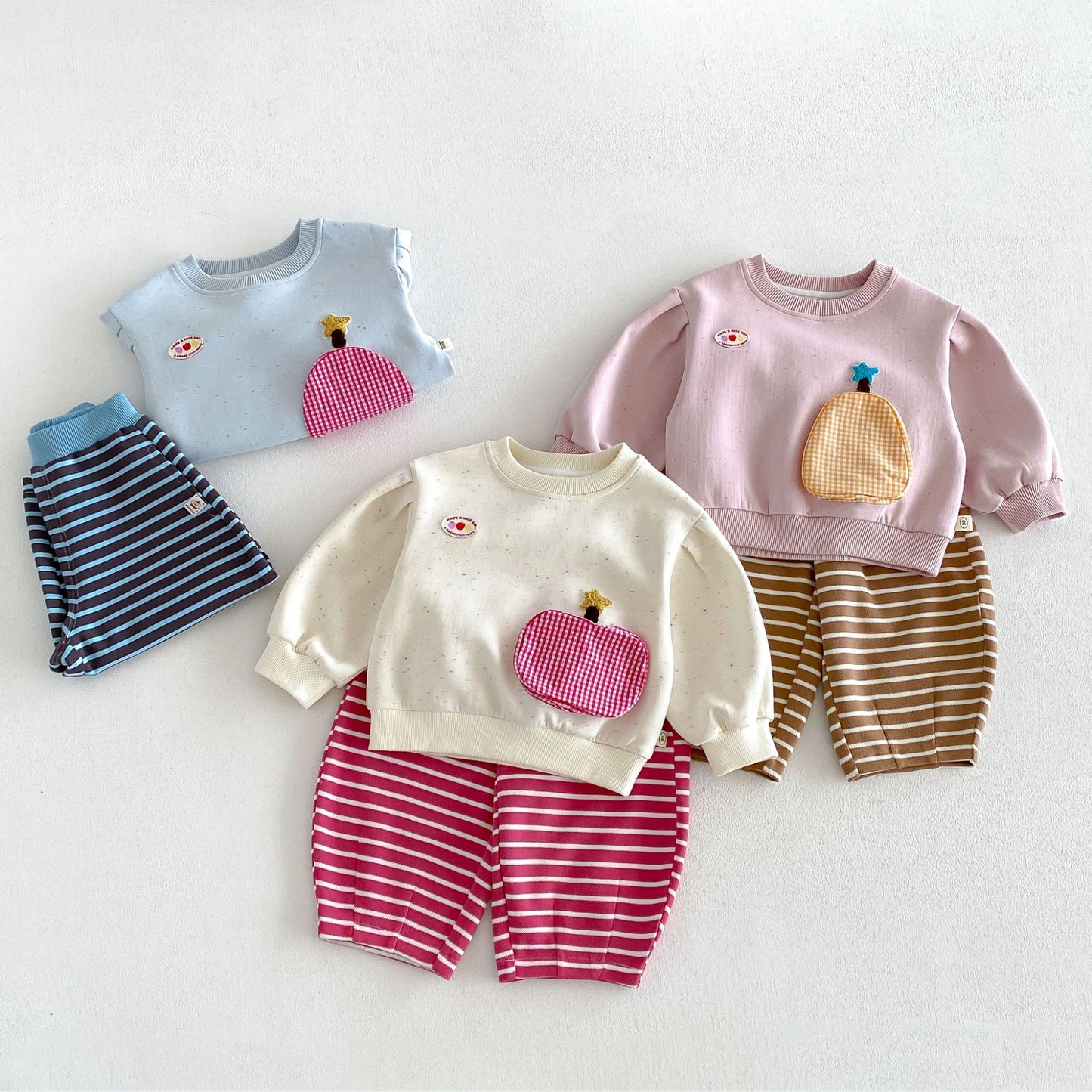 キッズ フルーツ ポケット パッチ 長袖スウェット ボーダー ロングパンツ【mh0014039】