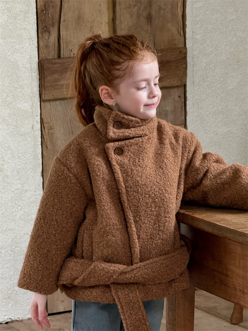 ローブコート ボア スタンドカラー ベルト付き ショート丈 アウター【mh0011617】