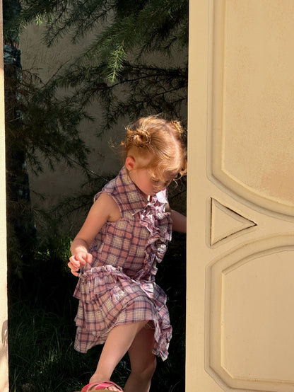 Sleeveless Plaid Patchwork Ruffled Dress チェック ノースリーブワンピース【mh0013265】