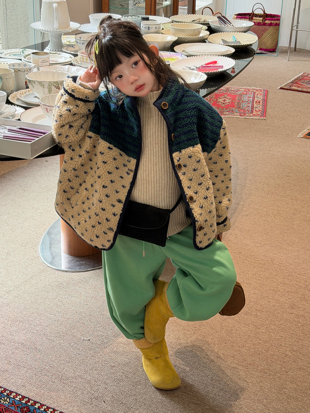 Mo Xiao Meng Children's Wool Sweater 2026 Winter Girls' Korean Color-Block Patchwork Sherpa Jacket Children's Thickened Cotton Jacket【mh0014694】