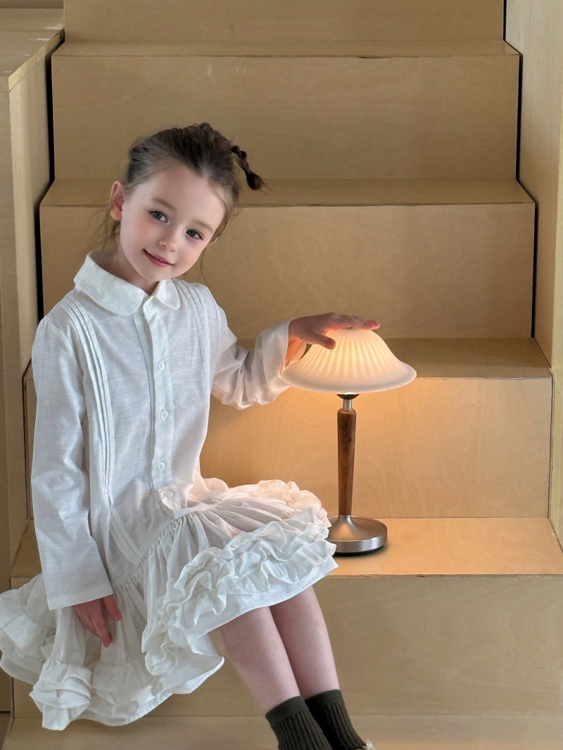 Kids' Ruffled Pintuck Front Button Long-Sleeve Shirt Dress