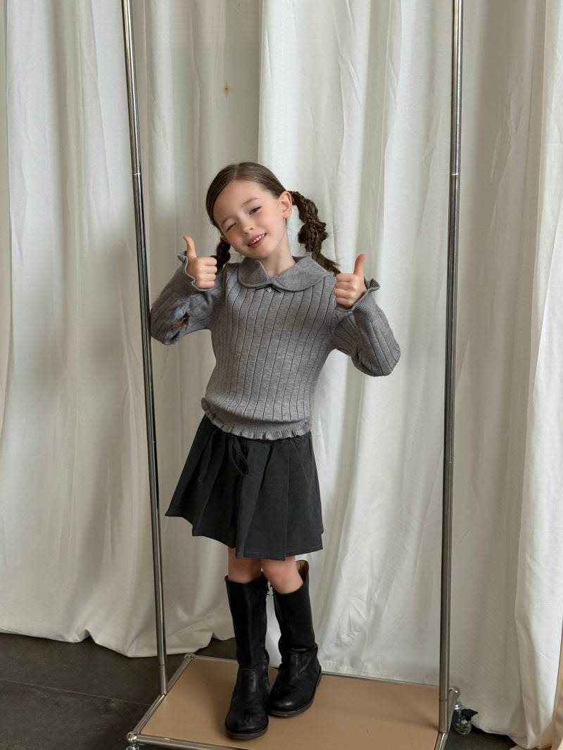 Kids' Ribbed Knit Round Neck Long-Sleeve Pullover with Frills