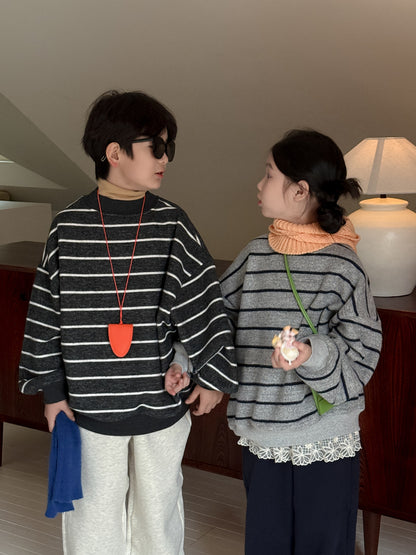 長袖スウェットシャツ キッズ ボーダー柄 裏起毛 厚手 クルーネック ルーズフィット【mh0011671】