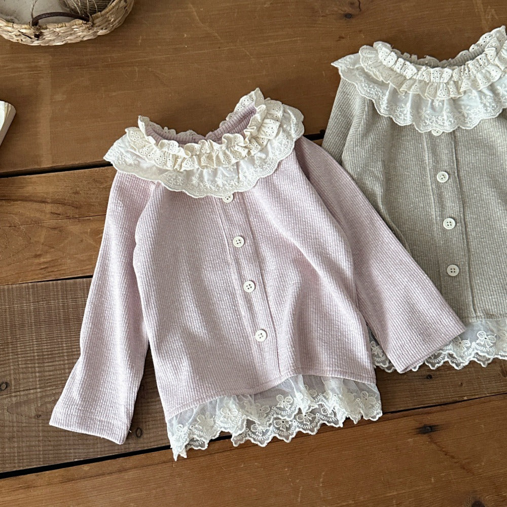 Camiseta de manga larga para bebés y niños, con cuello con volantes, bajo con volantes y botones frontales, tejido de canalé [mh0014486]