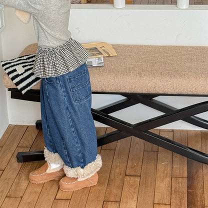 デニムパンツ 裏ボア 裾ボア ドッキング ゆったり ボトムス【mh0011610】