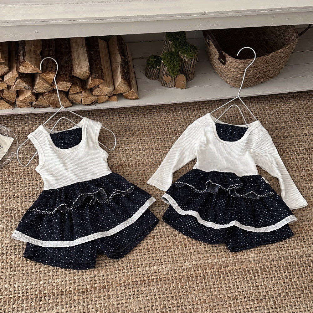 Baby Kids Polka Dot Ribbed Long Sleeve T-Shirt and Culottes Set