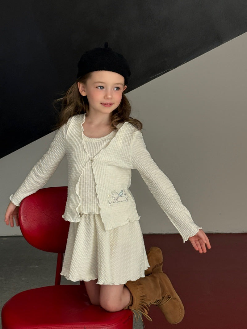 Kids' Mellow Frill Waffle Knit Long-Sleeve Cardigan, Camisole, and Flare Skirt Set [mh0014077]
