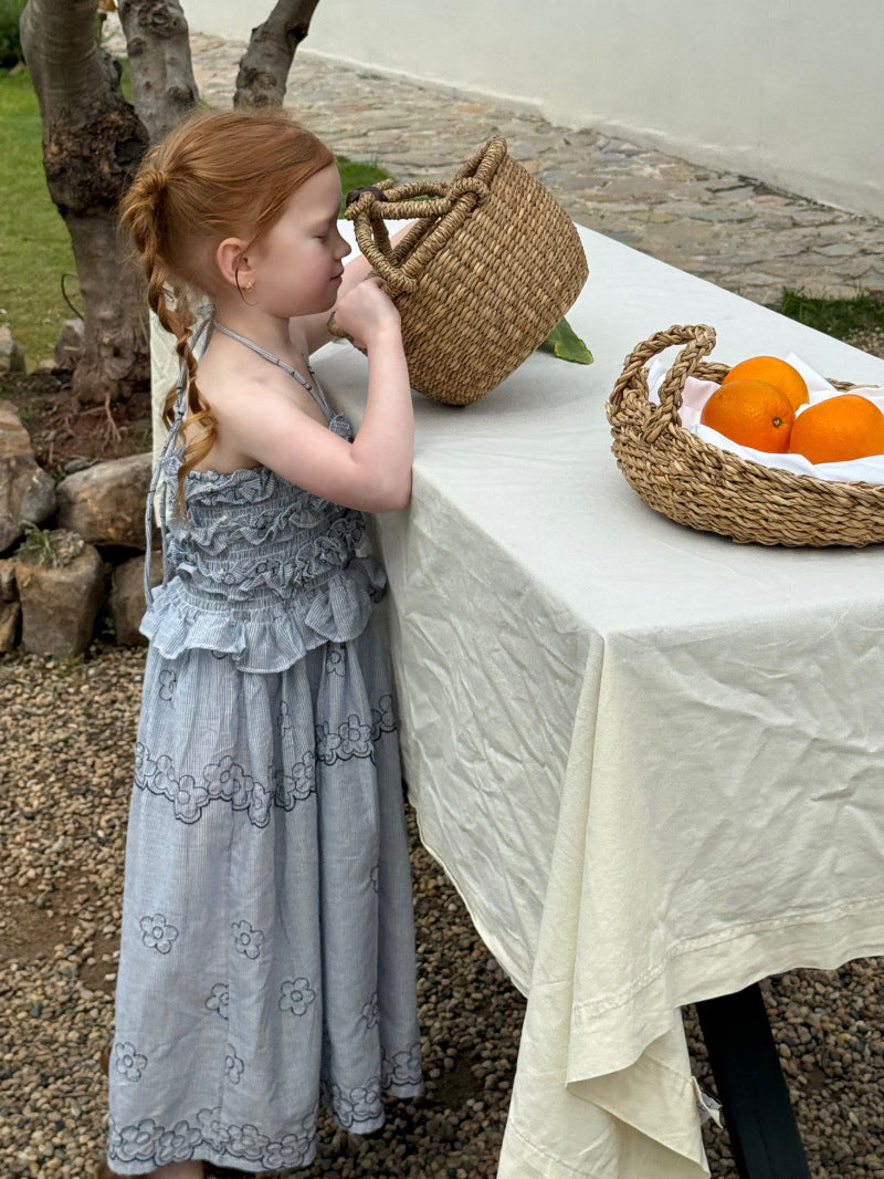 Smocked Halterneck Maxi Dress ストライプ フラワー刺繍 ノースリーブワンピース【mh0012825】