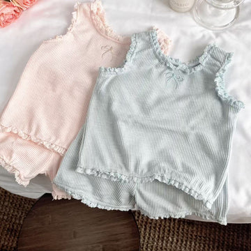 Bow Ribbon Ribbed Set ノースリーブTシャツ ショートパンツ【mh0012900】