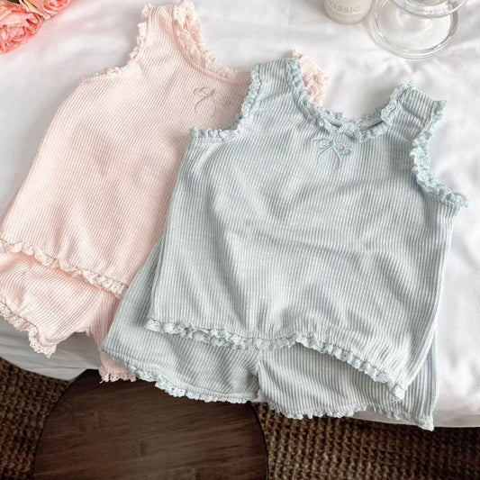 Bow Ribbon Ribbed Set ノースリーブTシャツ ショートパンツ【mh0012900】