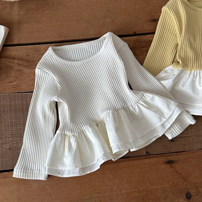 Camiseta de manga larga acanalada con volantes estilo peplum para bebés y niños 【mh0014484】