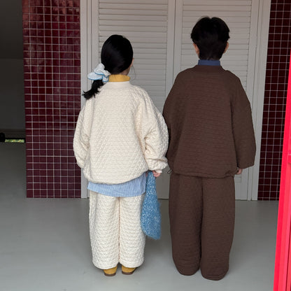 キルティングセットアップ キッズ 中綿 厚手 ダイヤ柄 ルーズフィット【mh0011681】